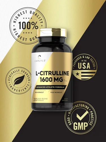 Vista 6 de Carlyle L Citrulina 1600mg 200 cápsulas para hombres y mujeres Fórmula avanzada para atletas Suplemento sin OMG y sin gluten