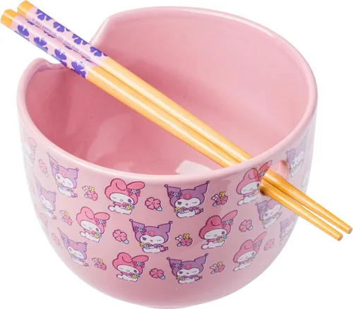 Vista 114 de Silver Buffalo Hello Kitty y sus amigos Chococat - Tazón de cerámica para ramen y arroz con palillos, patrón a cuadros, apto para microondas, 20