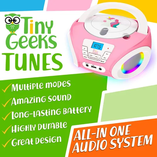 Vista 2 de TinyGeeks Tunes Kids Boombox Reproductor de CD para Niños - Radio FM - Incluye Baterías - Radio Rosa - Reproductor de CD con Altavoces para Niños