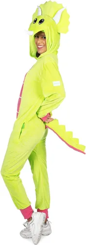 Vista 3 de Tipsy Elves Cute Dinosaur Halloween Costume Jumpsuit Green and Pink Triceratops with Stuffed Animal Style Hood for Women