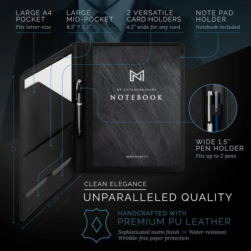Vista 4 de NERO MANETTI - Carpeta de cuero para portafolio - Portafolio de piel sintética para currículums, carpeta ejecutiva de bloc de notas legal, cuaderno