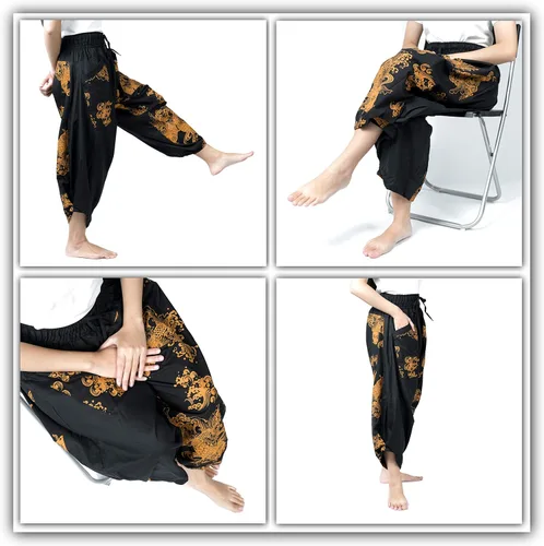 Vista 6 de Kurop Saruel - Pantalones con patrón de carpa japonés, pantalones anchos tailandeses, pantalones Aladdin, ropa de baile, yoga, gaucho para hombre
