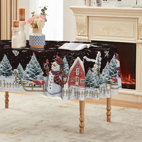 Vista 12 de Horaldaily Mantel de Navidad rectangular de 52 x 70 pulgadas, casa de muñeco de nieve de invierno, árboles de Navidad, color negro, lavable