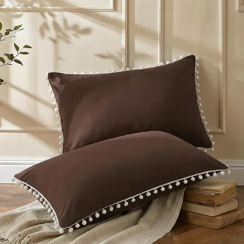 Vista 14 de Juego de 2 fundas de almohada con pompones color verde aguacate, tamaño Queen estándar, 100% microfibra lavada, funda de almohada con flecos de bola