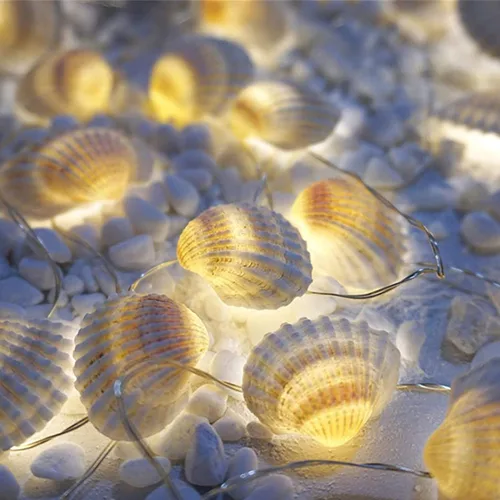 Vista 3 de Guirnalda de luces decorativas de conchas de playa de 14.1 pies, 40 luces LED blancas cálidas, impermeables, funciona con pilas, luces de cadena