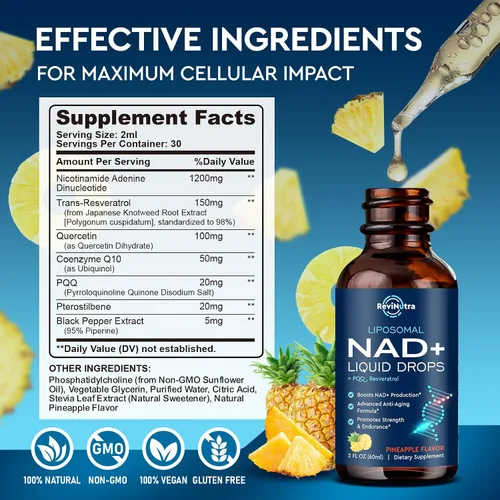 Vista 8 de Suplemento liposomal NAD – 1200 mg NAD+ gotas líquidas para mujeres y hombres, ribósido de nicotinamida con resveratrol, PQQ, CoQ10, quercetina