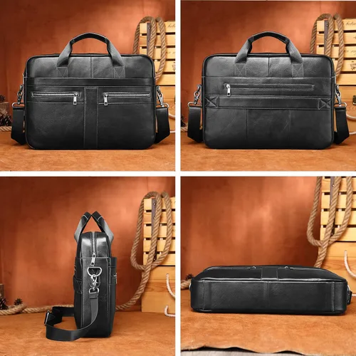 Vista 9 de Maletín de cuero genuino para hombres, bolso de hombro para computadora portátil con correa, bolso de trabajo de viaje de negocios de 15.6 pulgadas