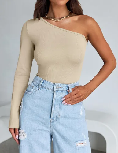 Vista 7 de ZESICA Camisetas de manga larga con un hombro para mujer, camisetas básicas ajustadas y ligeras de punto acanalado para otoño 2023
