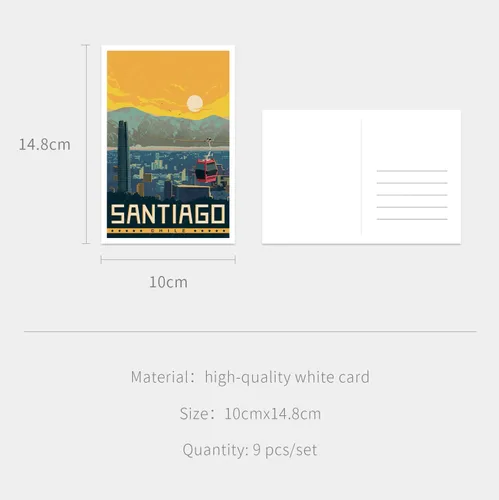 Vista 2 de gaeaverse Tarjetas postales de paisaje de Santiago Chile, 9 unidades, diseño de ciudades del mundo, tarjetas de felicitación para negocios, viajes