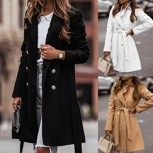 Vista 4 de INESVER Gabardinas para mujer, color sólido, manga larga, cuello de solapa, doble botonadura, gabardina con cinturón