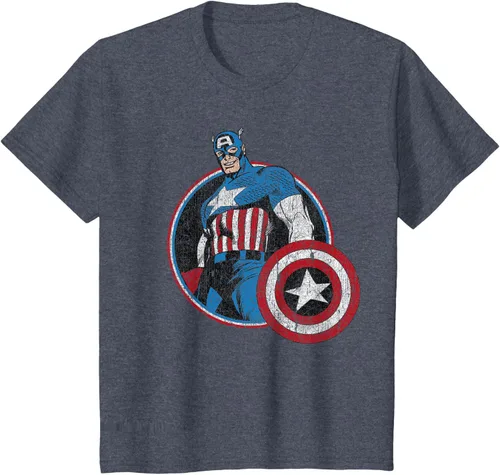 Vista 18 de Marvel Avengers Vintage Capitán América Comic Hero Retrato Camiseta Pequeña Negro