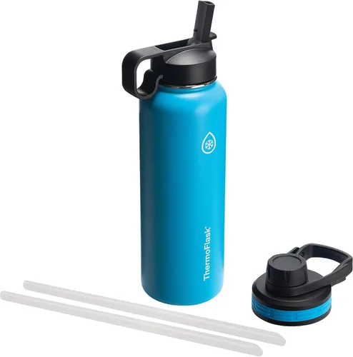 Vista 17 de Thermoflask - Botella de agua de acero inoxidable con doble aislamiento y dos tapas, 18 onzas, negro
