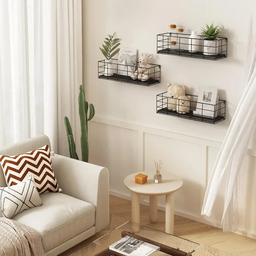 Vista 7 de Fixwal - Juego de 4 estantes flotantes - Estantes colgantes montados en la pared para sala de estar, cocina, dormitorio y baño - Almacenamiento Negro