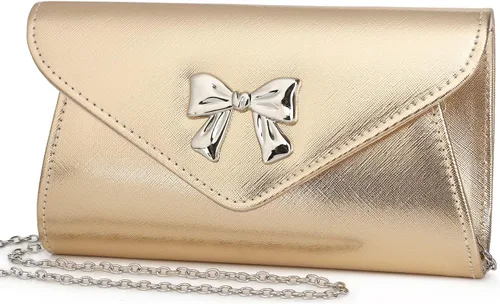 Vista 11 de Gurina Bolso de mano de noche con detalle de lazo, elegante bolsa de fiesta de piel sintética brillante con cadena desmontable para boda y baile