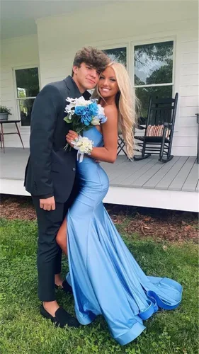 Vista 5 de Vestidos de dama de honor de sirena para mujer con tirantes delgados, de satén fruncido, vestidos formales de noche para baile de graduación