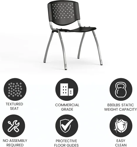 Vista 5 de Flash Furniture - Silla apilable de plástico negro de la serie HERCULES con capacidad de 880 lb. y marco recubierto en polvo de color gris titanio