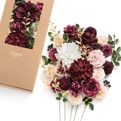 Vista 16 de Ling's moment Combo de flores artificiales de boda, caja de vegetación falsa para ramos de bricolaje, centros de mesa, decoración de espuma de rosa