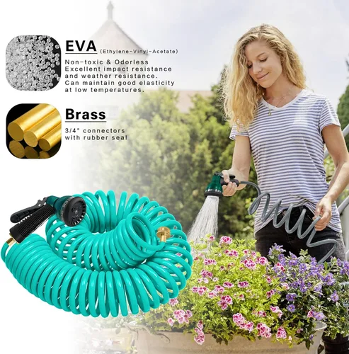 Vista 2 de Manguera de jardín de bobina de EVA de 25 pies con conector de latón de 3/4 pulgadas, manguera de agua en espiral, ligera y sin torceduras, incluye