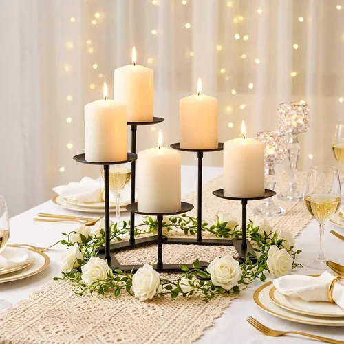 Vista 6 de Candelabro Ajustable Portavelas: Candelabro de Hierro con 5 Velas para Chimenea, para Velas de Pilar, Negro