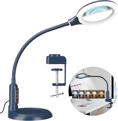 Vista 10 de Lupa 10X con luz y abrazadera, 5 modos de color, lupa iluminada regulable sin escalones con soporte, lámpara de escritorio LED de cuello de cisne