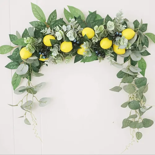 Vista 7 de Firlar Guirnalda de flores artificiales, 18 pulgadas con bayas de limón, hojas verdes, adorno colgante floral para puerta, para boda, hogar, fiesta