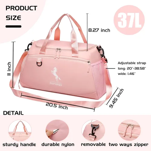 Vista 4 de Marengo Bolsa de gimnasio para mujeres y hombres, bolsa de viaje ligera con compartimento para zapatos y húmedos, para viajes, deportes, baile, yoga