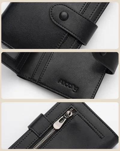 Vista 6 de Alldaily Cartera pequeña de piel con bloqueo RFID para mujer, plegable con 10 ranuras para tarjetas y bolsillo con cremallera, Negro, Pequeña