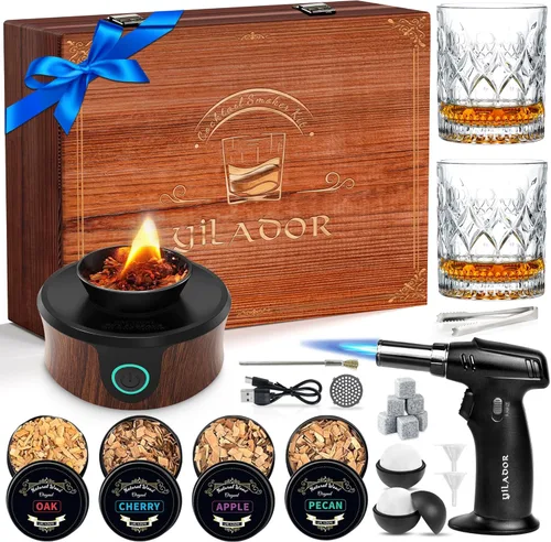 Vista 10 de Kit de ahumador de whisky eléctrico con antorcha, los mejores regalos de whisky para hombres, 6 astillas de madera – Infundir ricos sabores ahumados