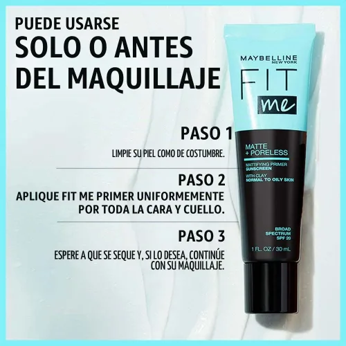 Vista 2 de Maybelline Fit Me Matte + Poreless Primer Facial Matificante de Maquillaje con Protector Solar, Amplio Espectro SPF 20, 16HR de Duración, Control