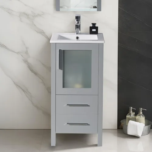 Vista 15 de Blossom Tocador de baño de madera maciza espresso de 16 pulgadas con fregadero, pequeño gabinete independiente con fregadero de cerámica y puerta