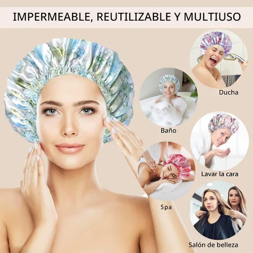 Vista 2 de 4 piezas de gorros de ducha para mujer, gorros de baño con estampado, gorro de ducha de doble capa reutilizable e impermeable, gorros de ducha