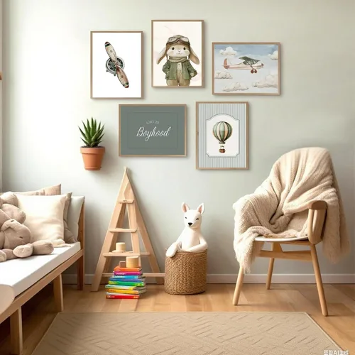 Vista 6 de ONEOLTN Arte de Pared en Lienzo Vintage de Conejito Piloto para Guardería Imágenes Temáticas de Aventura Habitación de Bebé Niño Póster de Avión