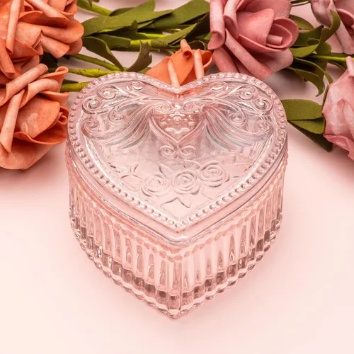 Vista 4 de COWFEX Joyero de cristal en forma de corazón con tapa para niñas y mujeres, organizador de almacenamiento de baratijas, caja decorativa para San
