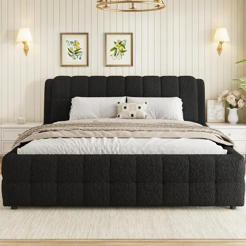 Vista 24 de Moderna cama tapizada de tamaño Queen, forro polar bereber grueso, base de colchón tapizada con cabecera copetuda y soporte de listones de madera