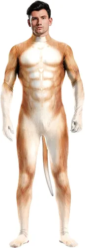 Vista 94 de Disfraz de animal para hombre con estampado de cola grande, overol peludo de elastano para cosplay, fiesta de Halloween