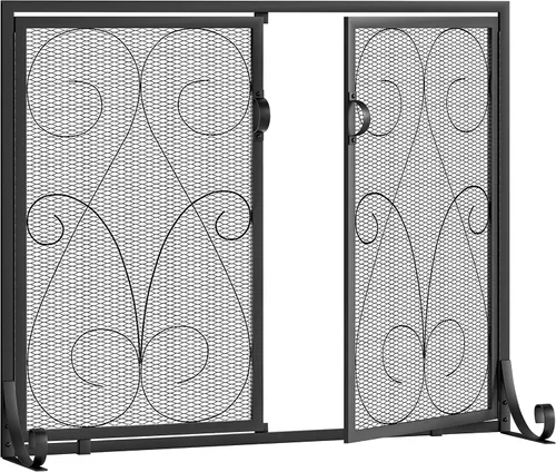 Vista 8 de Kingson Pantalla de chimenea de 2 paneles con puertas, hecha a mano, malla decorativa de hierro forjado, protector de chispas de fuego