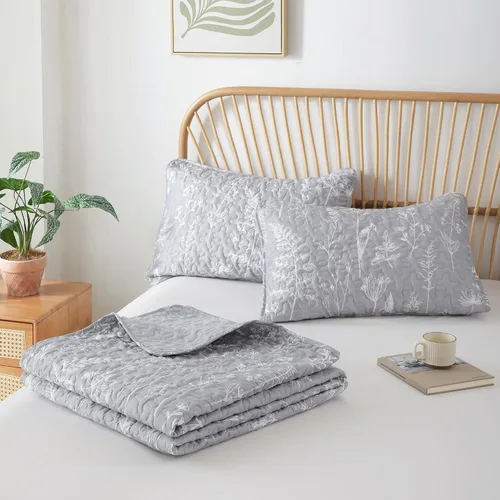 Vista 9 de JANZAA Juego de colcha tamaño Queen de 3 piezas con patrón floral, de microfibra ligera, ropa de cama reversible, 1 colcha y 2 fundas de almohada
