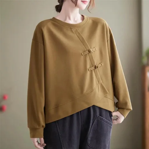 Vista 4 de MengXingHe Sudadera con botones de placa de estilo chino para mujer, sudadera con capucha de cuello redondo irregular informal suelta y manga larga