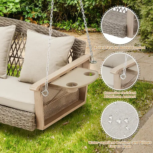 Vista 3 de HOMREST Columpio de mimbre para porche para 3 personas con portavasos mejorado, silla colgante de 56 pulgadas con cojines, columpio al aire libre