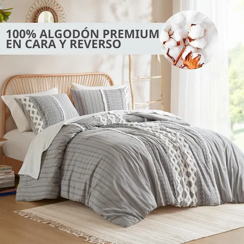 Vista 2 de INK+IVY Edredón para cama tamaño Queen, chenilla con mechones, juego de edredón de algodón transpirable Queen, edredón bohemio moderno para todas