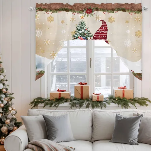Vista 4 de Cortinas de cocina con cenefa de gnomos de granja, cenefa con bolsillo para barra, paneles de cortina para dormitorio, sala de estar, baño