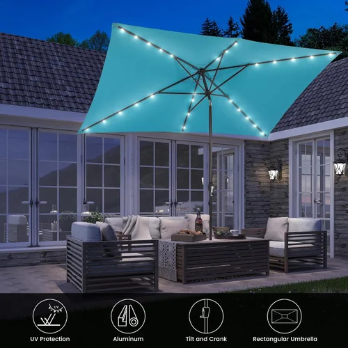 Vista 2 de MONDAWE Paraguas rectangular de mercado con luces LED solares de 10 x 6.5 pies para exteriores, sombrilla de patio con manivela, sombrilla de mesa