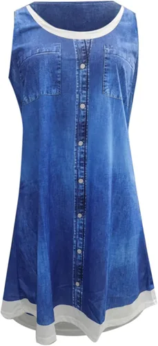 Vista 4 de Ruziyoog Vestido falso de dos piezas para mujer, vestido casual de verano, cuello redondo, estampado de mezclilla, vestido holgado acampanado