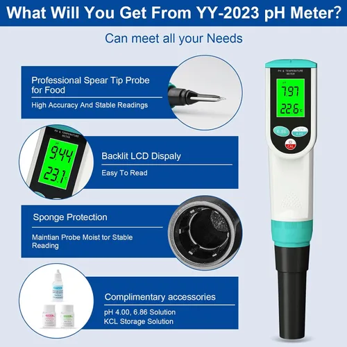 Vista 2 de Medidor de pH de alimentos, probador digital de pH impermeable con sonda de pH/temperatura de alta precisión, ideal para masa madre, queso, muestras