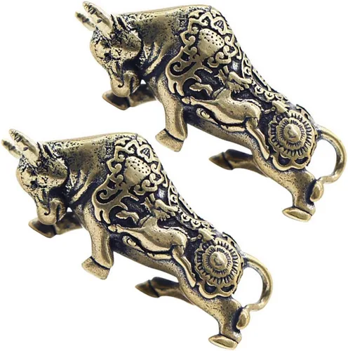 Vista 7 de Llavero de coche Mini figura de vaca, 2 piezas, figura de toro de latón, estatua de riqueza de Fengshui, figura de buey, estatua de vaca, decoración