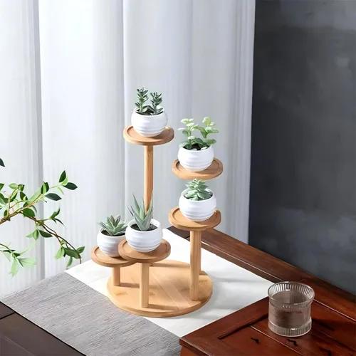 Vista 2 de Soporte de escritorio de 5 niveles para plantas, estante redondo de bambú para plantas, soporte de mesa para suculentas y hierbas, soporte