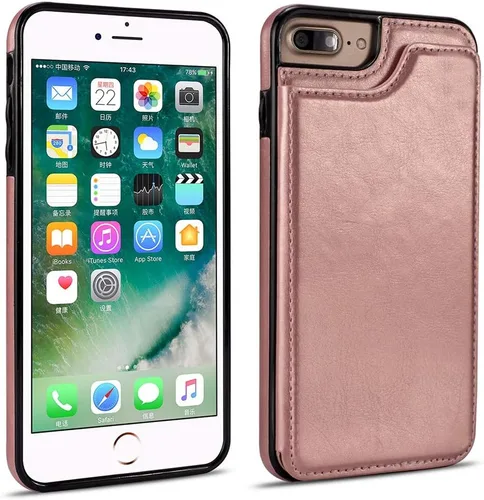 Vista 5 de Funda de piel tipo cartera para iPhone con (dos cierres magnéticos), (ranuras para tarjetas) función atril Rose gold