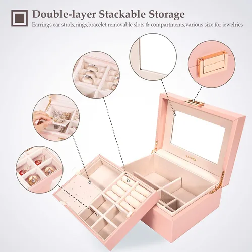 Vista 3 de LANDICI Organizador de joyas para mujeres y adolescentes, estuche grande de almacenamiento de joyas con espejo y bandeja extraíble de 2 capas