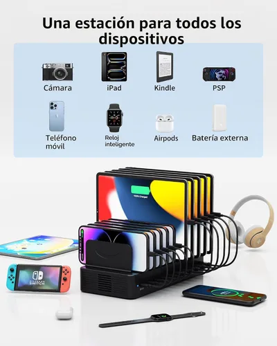 Vista 3 de Estación de carga de 100 W para múltiples dispositivos, estación de carga rápida USB de 10 puertos con divisores ajustables y 10 cables, base