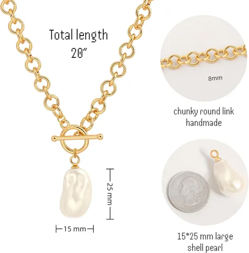 Vista 4 de Collar de eslabones de cadena de oro de 18 quilates para mujer, collar con colgante de perla barrocobrújula